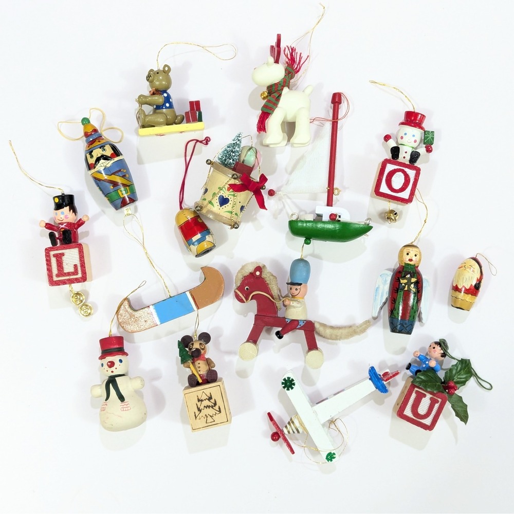 Vintage 80s 90s Wooden Hand Painted 2"-3" Christmas Ornaments Variety Lot of 16